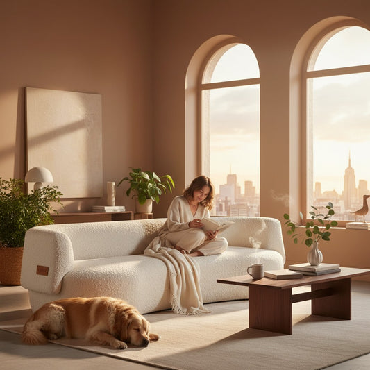 Ambrosia Concepts Angola 3-seater sofa in ivory boucle fabric with curved arms and a rounded silhouette, set against a rustic wooden wall.