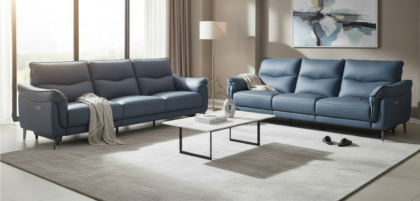 Ambrosia Concepts Germain blue leather 3+2 motorised recliner sofa set with plush cushioning and modern design.