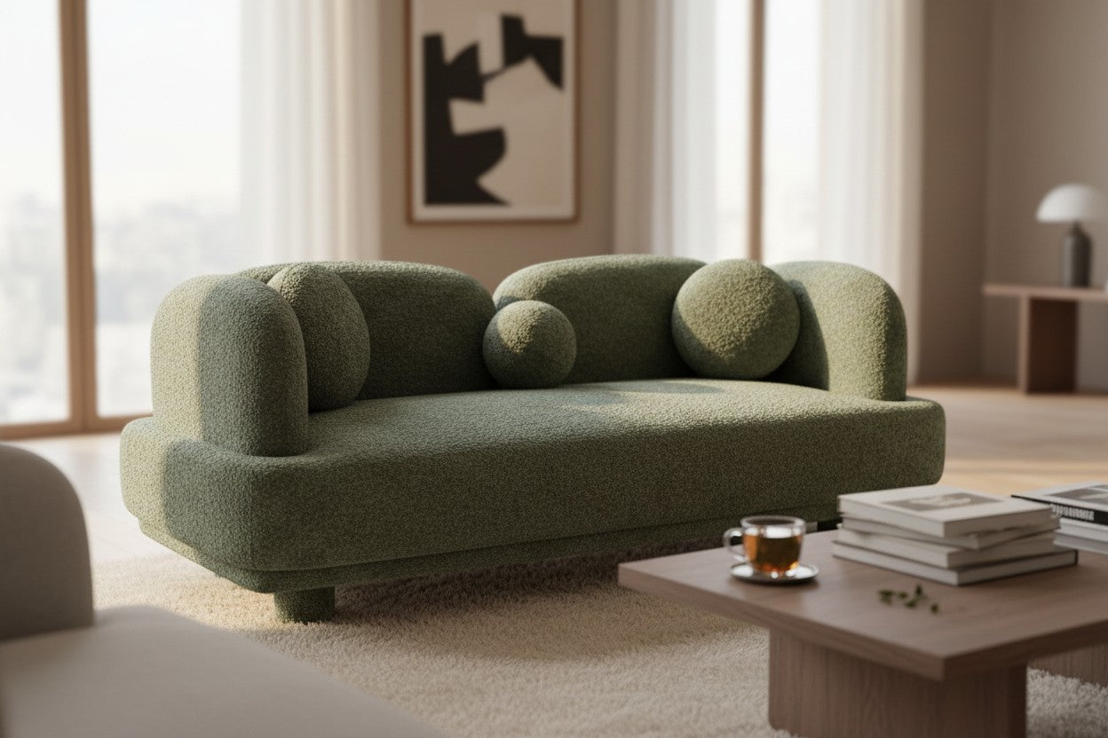 Ambrosia Concepts Casper 3 Seater sofa in moss green textured boucle fabric with rounded silhouette and spherical cushions.