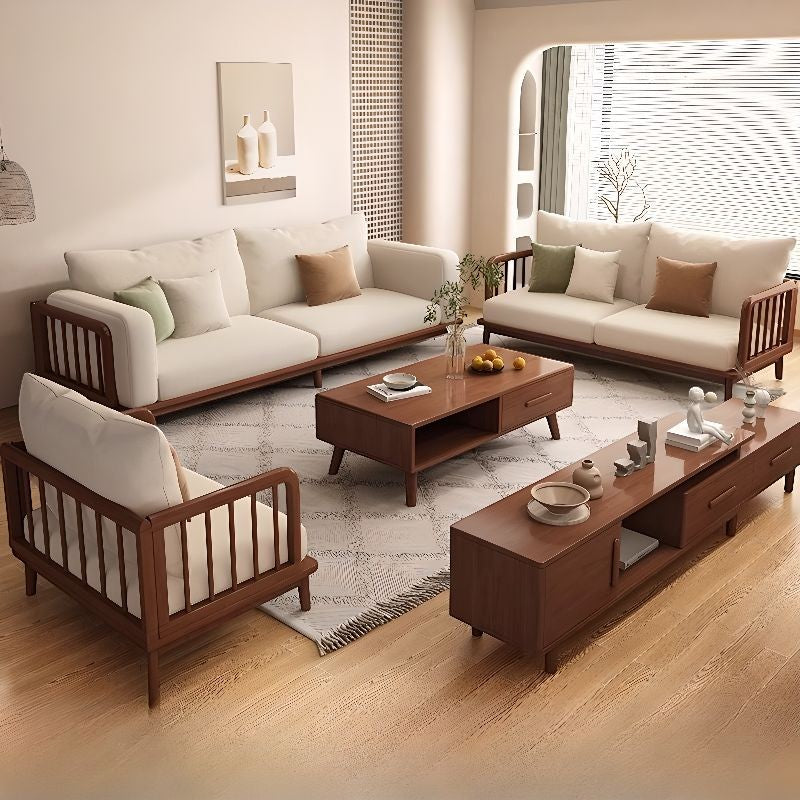 Ambrosia Concepts Joshua 3 Seater Sofa in neutral fabric with walnut wood frame and slatted armrests, mid-century modern style.