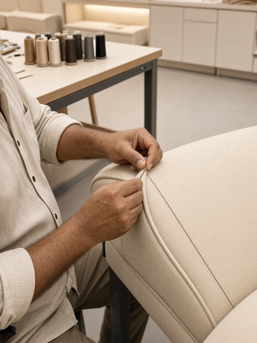 Hands working cloth over a frame