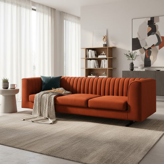 Ambrosia Concepts Calgaris 4-seater sofa in wine-colored polyester fabric with channel tufting and black metal legs.