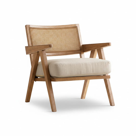 Ambrosia Concepts natural wood lounge chair with woven cane back and cream cushion. Mid-century modern style.