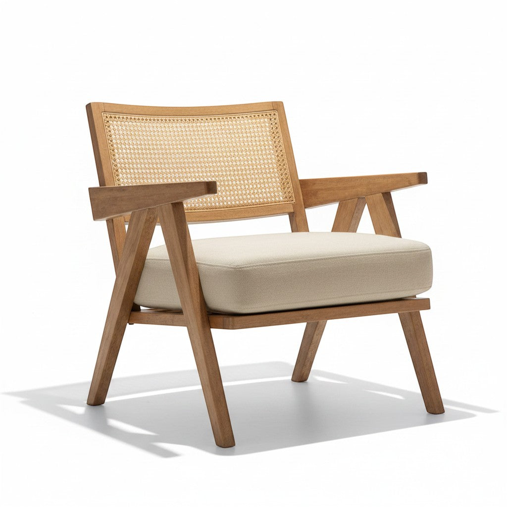 Ambrosia Concepts natural wood lounge chair with woven cane back and cream cushion. Mid-century modern accent chair.