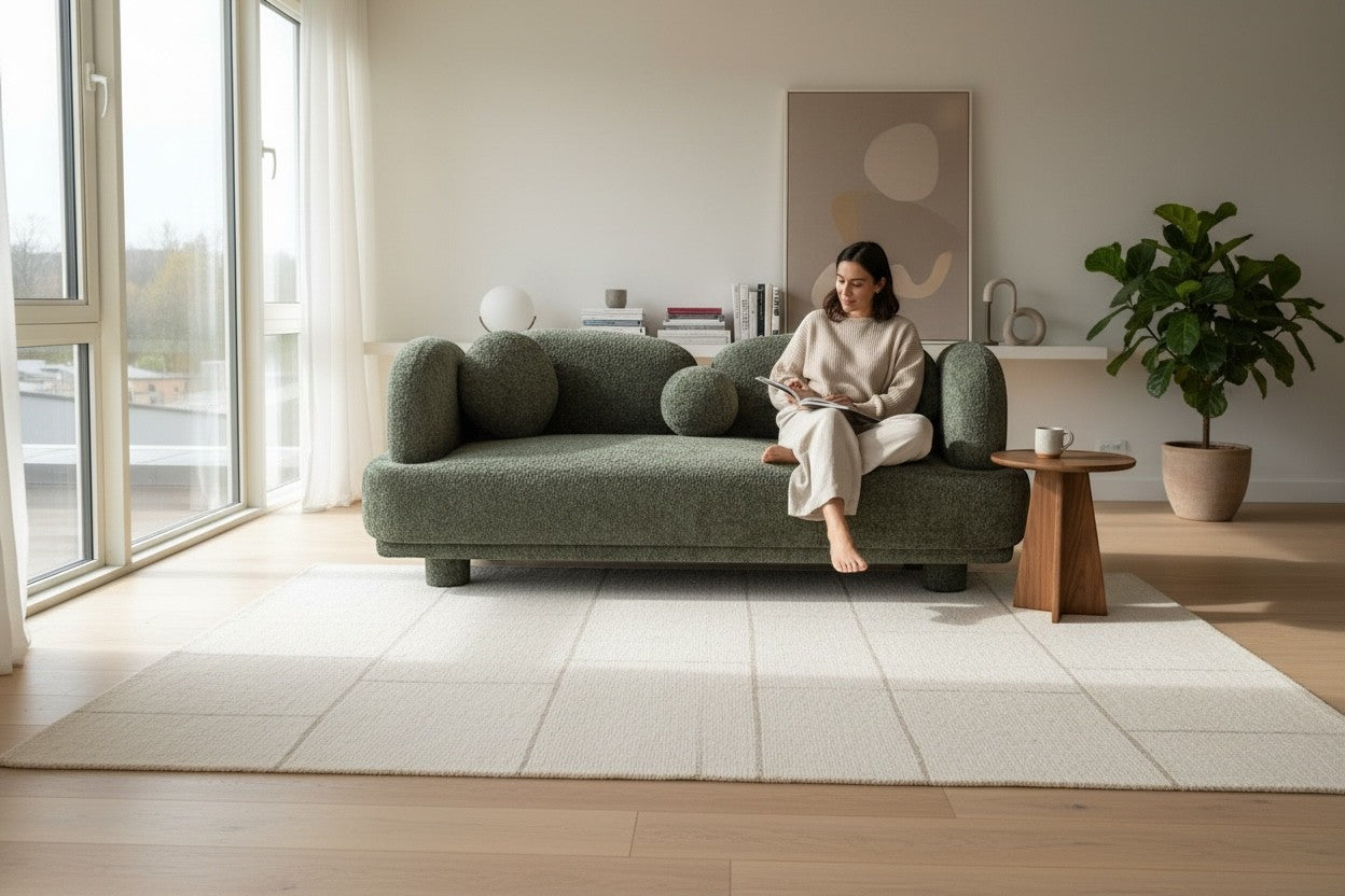 Ambrosia Concepts Casper Sofa 3 Seater in green heavy boucle fabric with rounded arms and wooden upholstered legs. Woman reading on sofa.