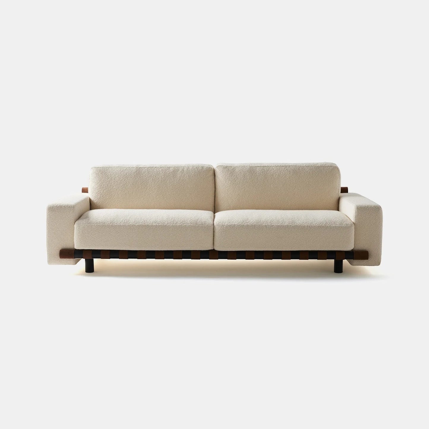 Ambrosia Concepts Elegenza 3-seater sofa in ivory boucle fabric with solid wood frame and teakwood base.