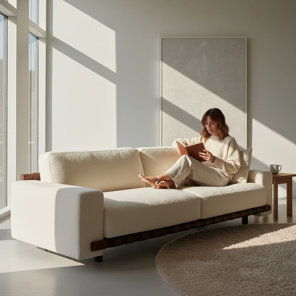Ambrosia Concepts Elegenza 3-seater sofa in ivory boucle fabric with solid wood frame and teakwood base.