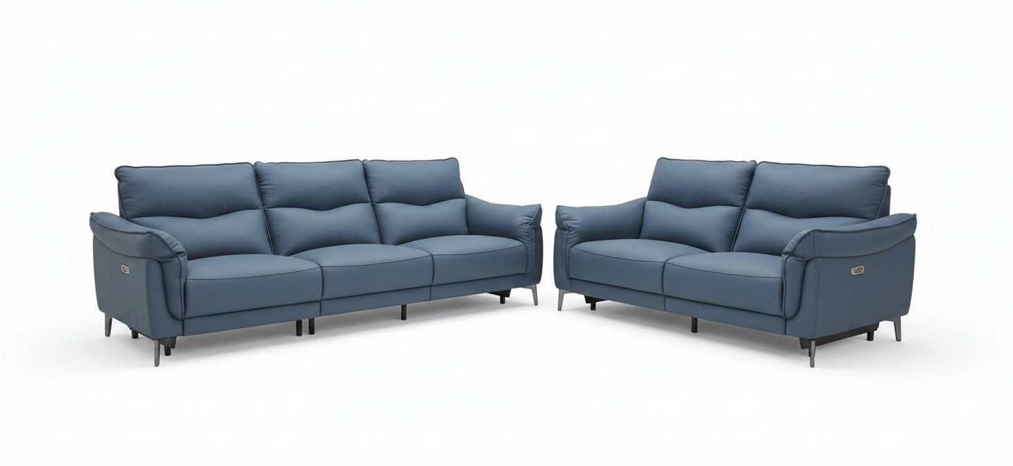 Ambrosia Concepts Germain blue leather 3+2 motorised recliner sofa set with plush cushioning and modern design.