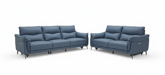 Ambrosia Concepts Germain blue leather 3+2 motorised recliner sofa set with plush cushioning and modern design.