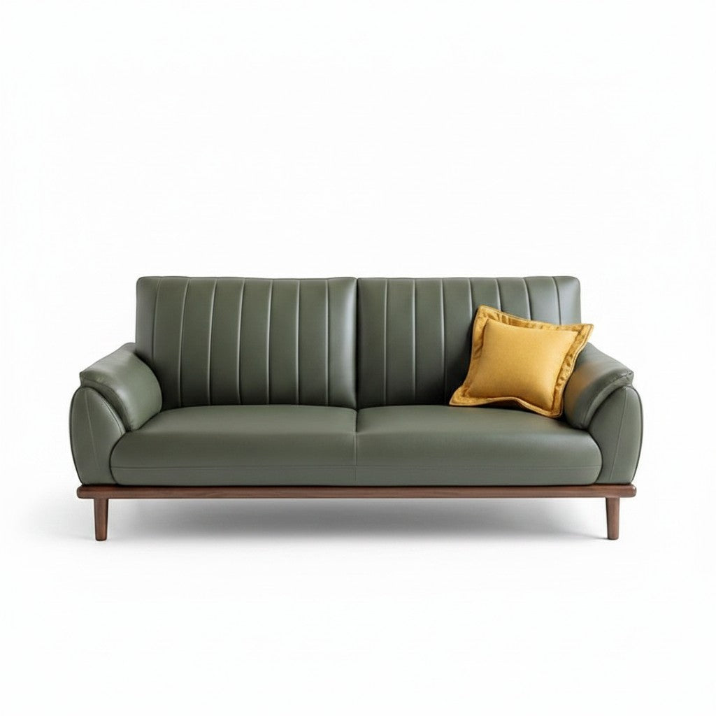 Ambrosia Concepts Arkel 3 Seater Sofa in deep green faux leather with channel tufting and wood legs. Includes one yellow cushion.