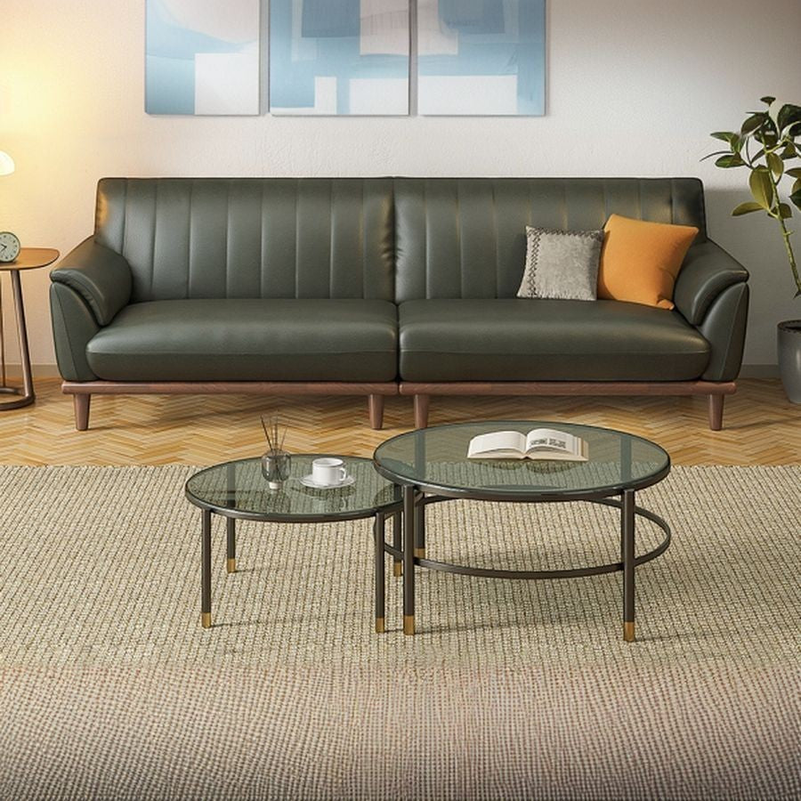 Ambrosia Concepts Arkel 3 Seater Sofa in deep green faux leather with channel tufting and wood frame. Modern design.