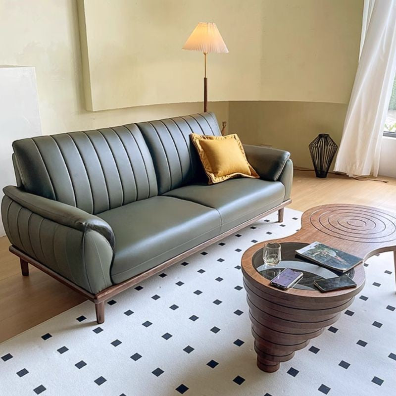Ambrosia Concepts Arkel 3 Seater Sofa in deep green faux leather with channel tufting and wood legs.
