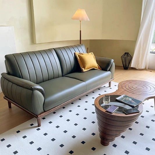 Ambrosia Concepts Arkel 3 Seater Sofa in deep green faux leather with channel tufting and wood legs.