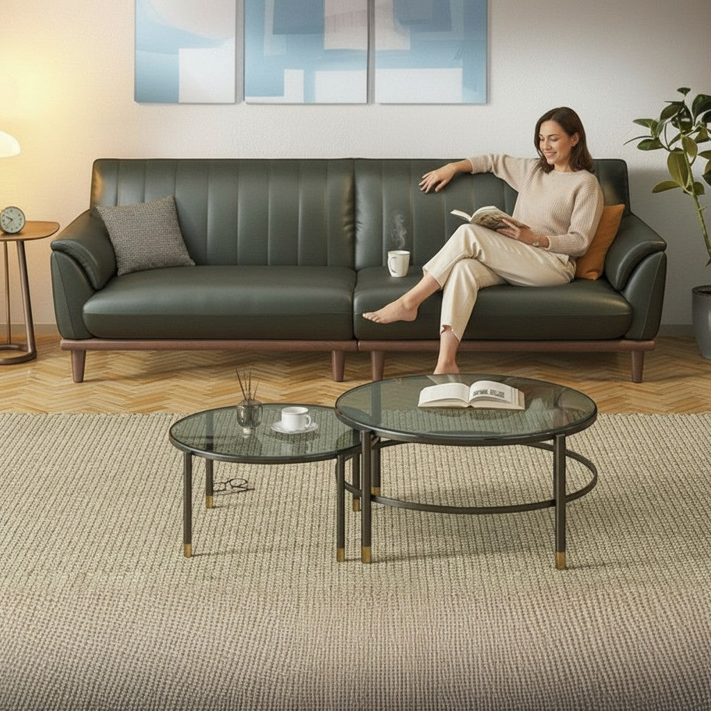 Ambrosia Concepts Arkel 3-seater sofa in dark green PU leather with fluted backrest and wooden frame.