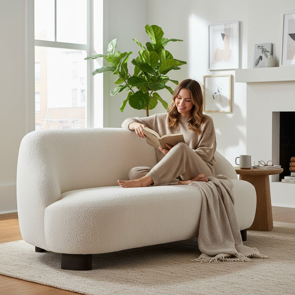 Ambrosia Concepts ivory boucle fabric 2-seater sofa with solid wood frame and rounded arms.