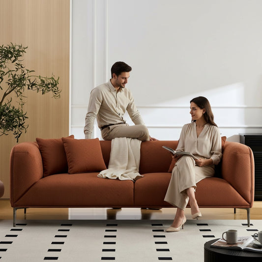 Ambrosia Concepts Jack 3-seater sofa in tan boho fabric with modern geometric design and metal legs.