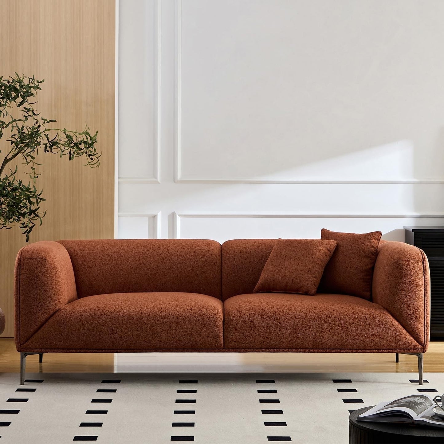 Ambrosia Concepts Jack 3-seater sofa in tan boho fabric with modern geometric design and two throw pillows.