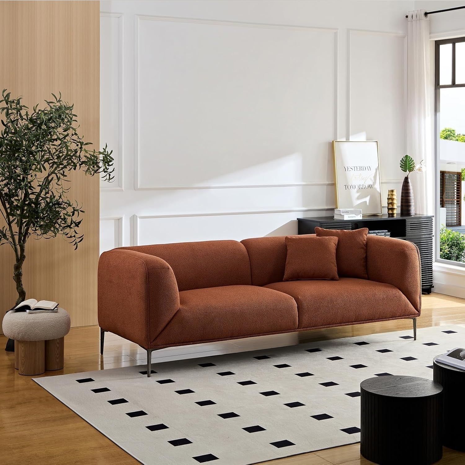 Ambrosia Concepts Jack 3-seater sofa in tan boho fabric with solid wood frame. Modern design with curved arms and metal legs.