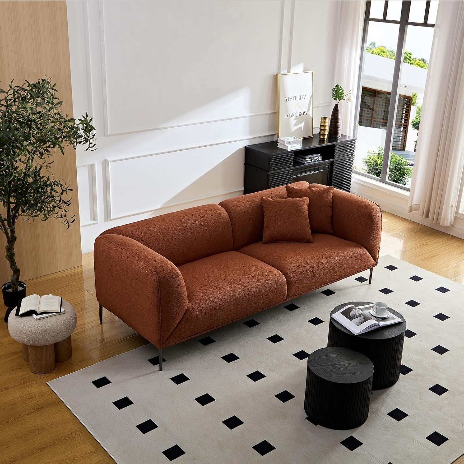 Ambrosia Concepts Jack 3-seater sofa in tan boho fabric with solid Saal wood frame. Modern design with rounded arms and slim metal legs.