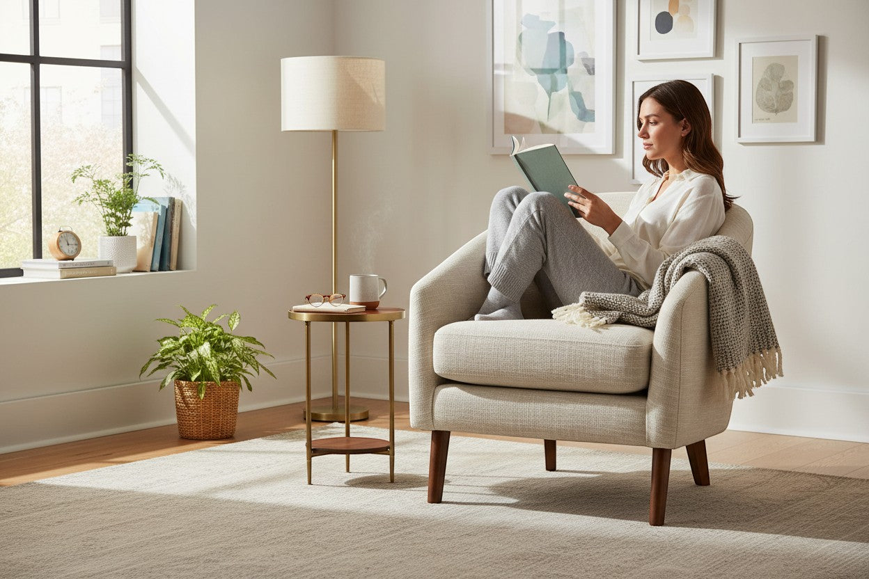 Ambrosia Concepts Jane Lounge Chair in light beige fabric with dark wood legs, a woman reading in it.