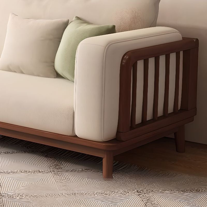 Ambrosia Concepts Joshua 3 Seater Sofa in neutral fabric with walnut finish wooden frame and slatted armrests.