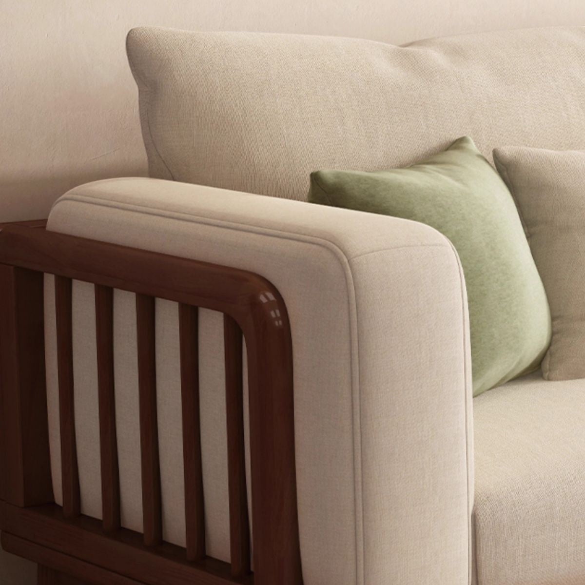 Ambrosia Concepts Joshua 3 Seater Sofa in neutral fabric with walnut wood frame and slatted armrests.