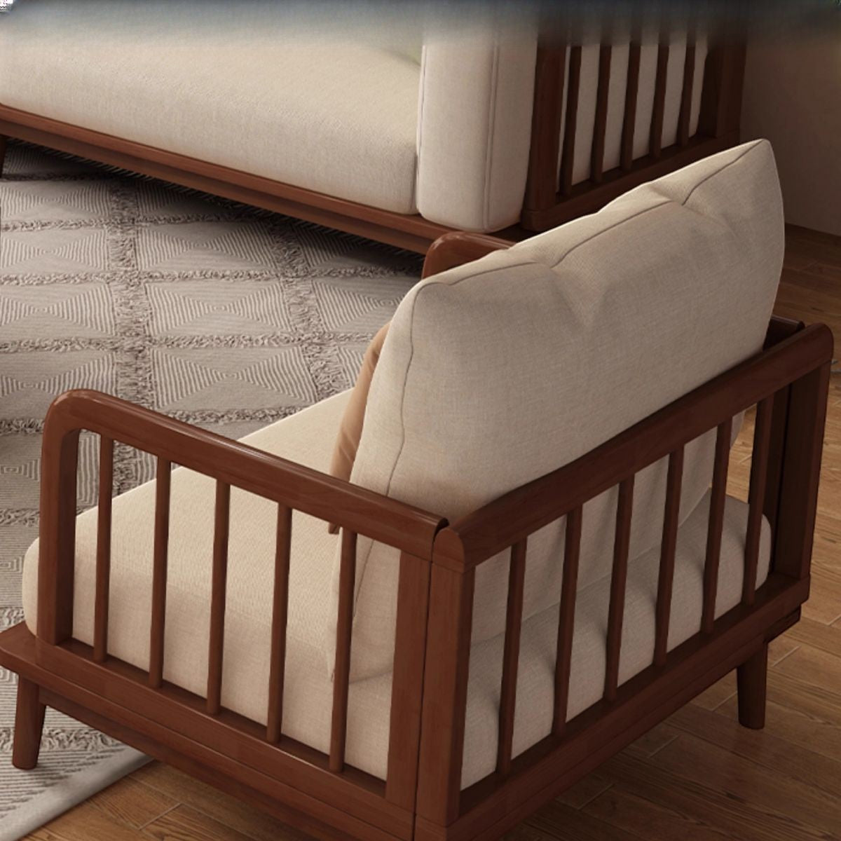 Ambrosia Concepts Joshua 3 Seater Sofa in neutral fabric with walnut finish wooden frame and slatted armrests.