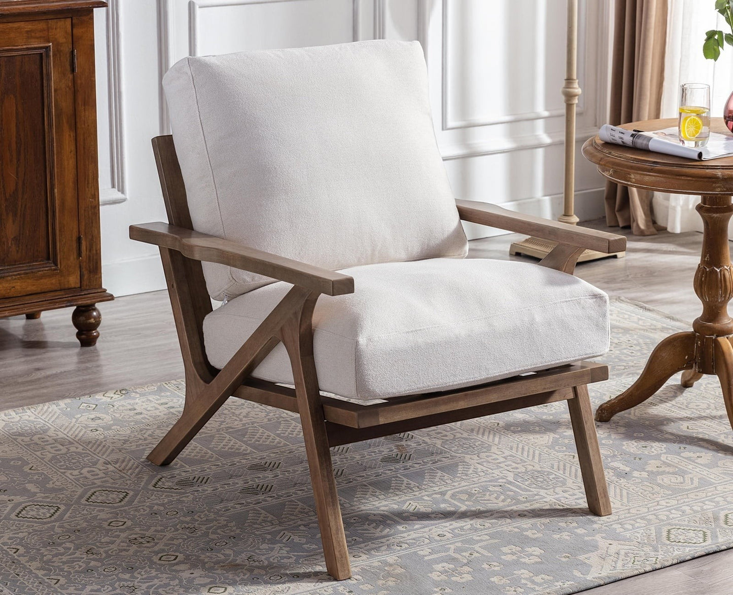 Ambrosia Concepts KK Loungechair in cream upholstery with a natural wood frame, modern silhouette, and clean lines.