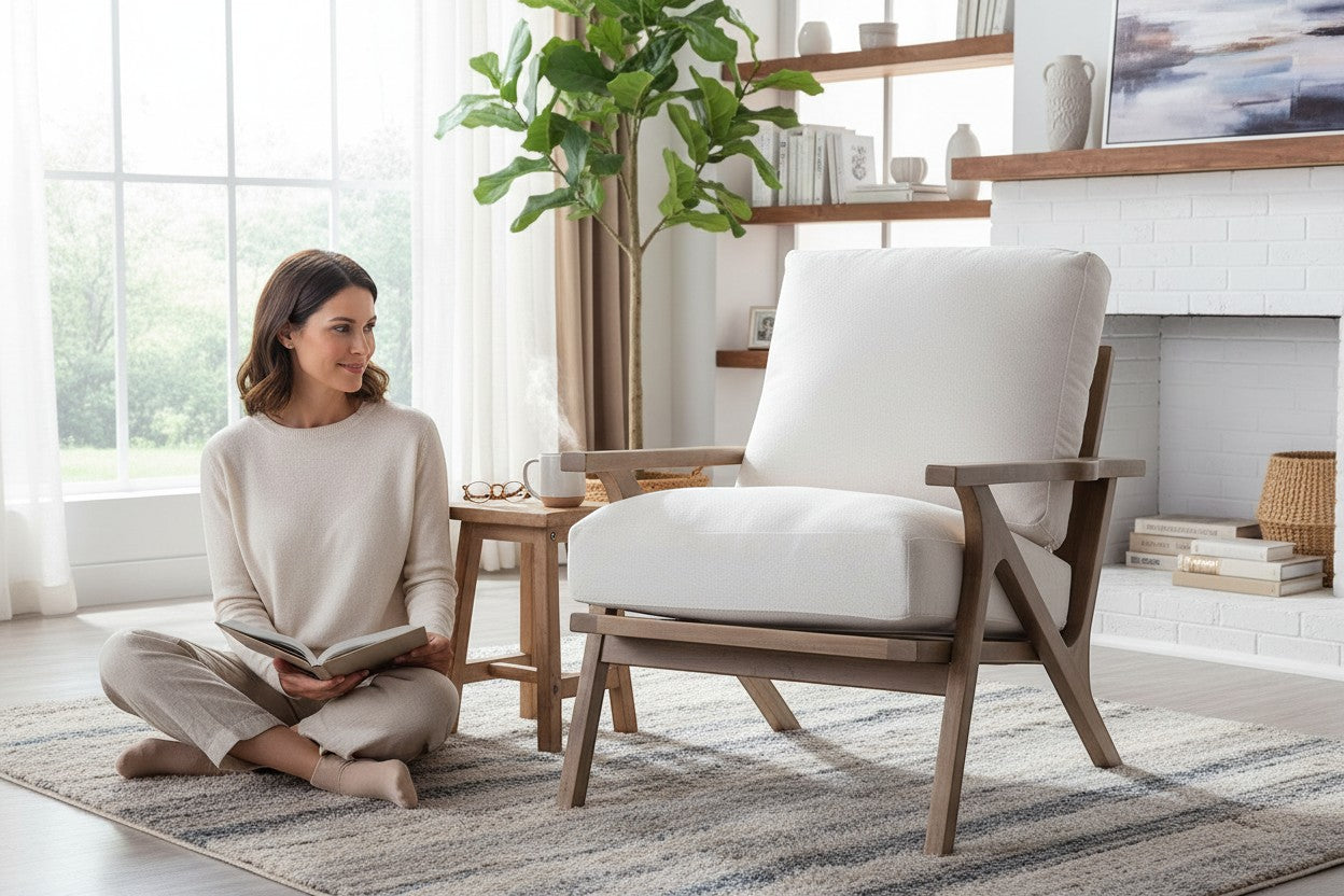 Ambrosia Concepts KK Loungechair: Cream upholstered armchair with natural wood frame, modern silhouette, and plush cushions. Woman reading on rug.