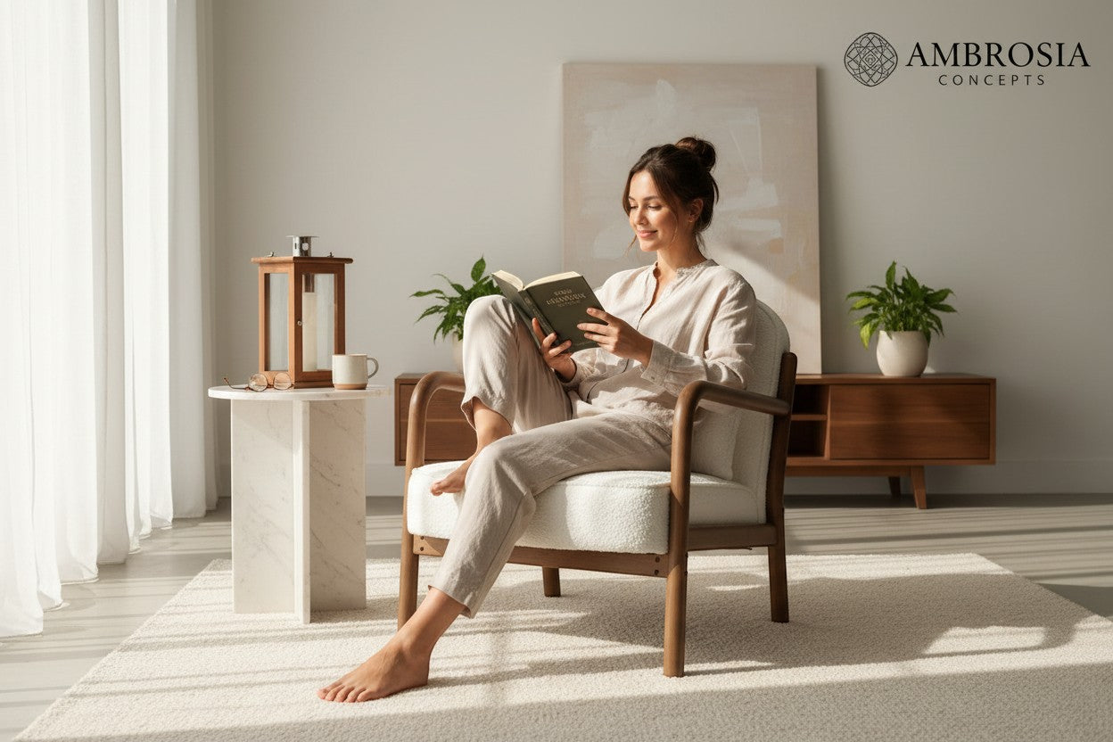 Ambrosia Concepts Kreta Loungechair in white boucle fabric with curved walnut wood frame, a woman reads a book while seated.