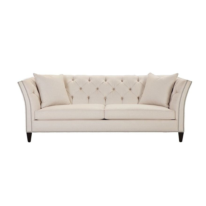Ambrosia Concepts Old Trafford 3 Seater Sofa in neutral fabric with tufted back, curved arms, and nailhead trim.