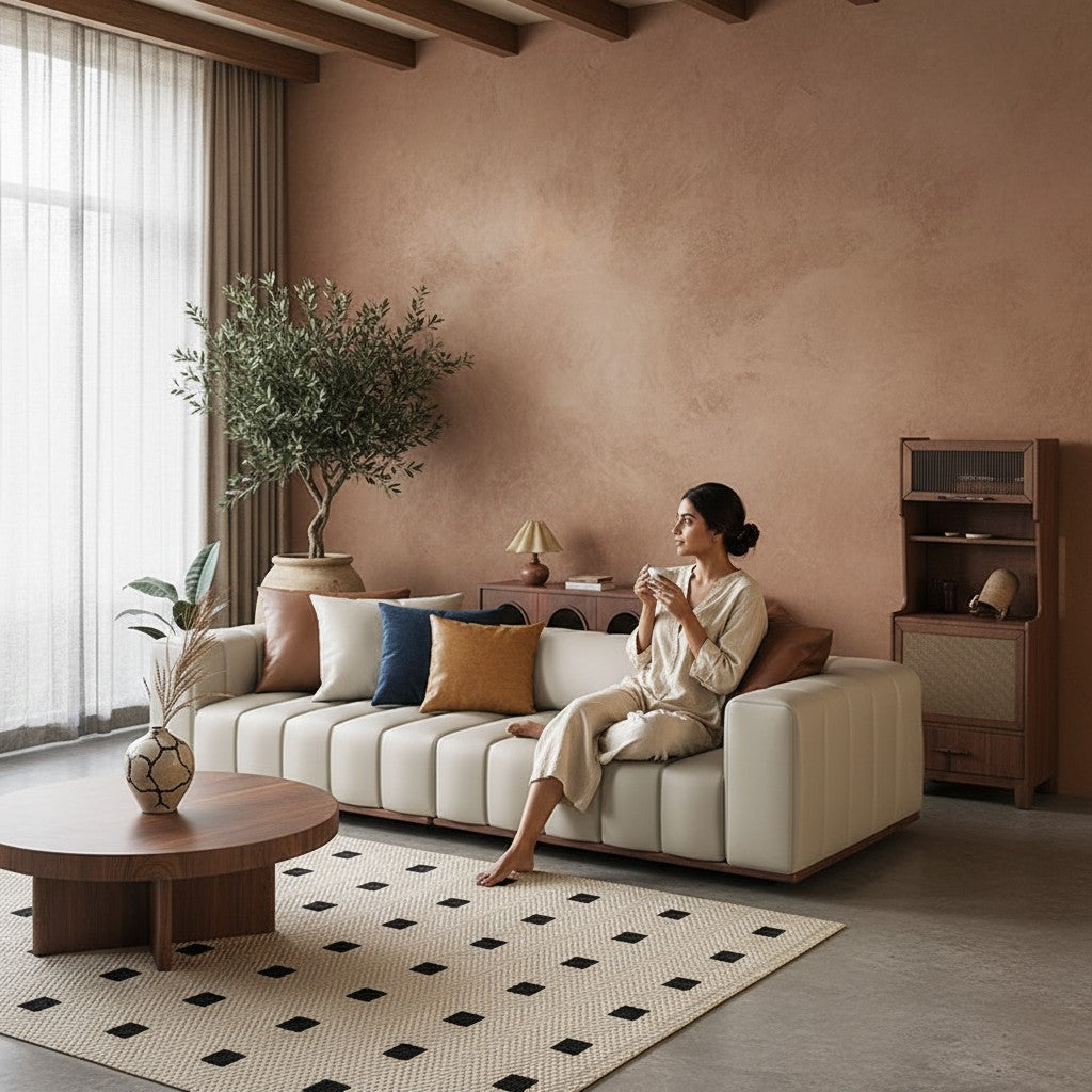 Ambrosia Concepts Pado 3-seater sofa in beige PU leather with fluted design and brown accent pillows.