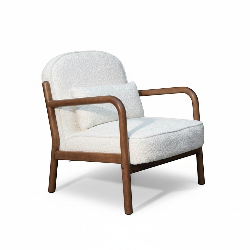 Ambrosia Concepts white boucle loungechair with curved walnut wood frame and accent pillow. Mid-century modern armchair.