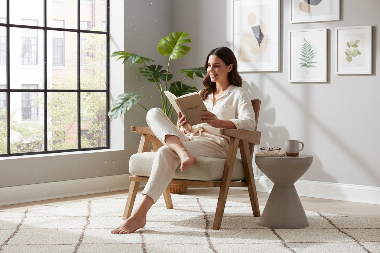 Ambrosia Concepts natural wood lounge chair with woven cane back and cream cushion, woman reading.